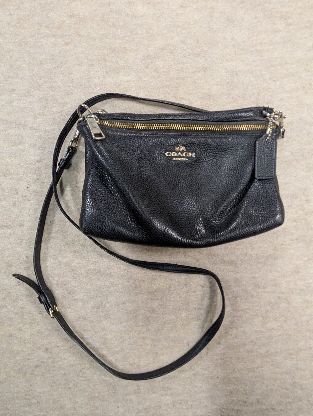 COACH Black Pebbled Leather Crossbody Bag 2 Zipper Purse Bag Small Medium As Is